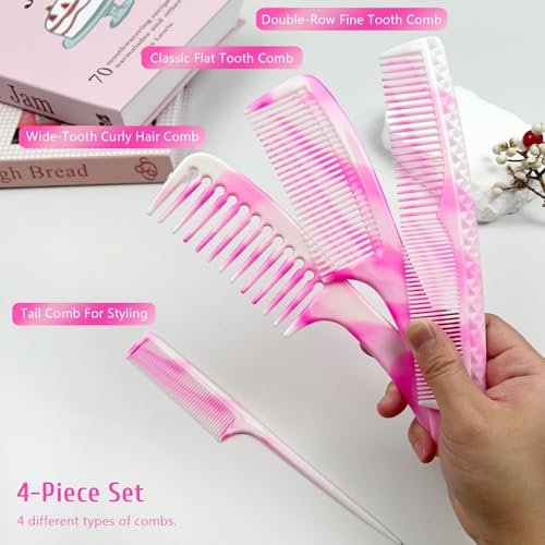 4-Piece Unisex Hair Comb Set: Rat Tail, Wide & Fine Tooth, Dual-Sided Combs for Daily Detangling - Pink - görsel 6