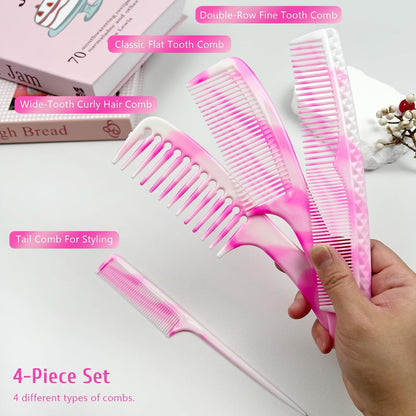 4-Piece Unisex Hair Comb Set: Rat Tail, Wide & Fine Tooth, Dual-Sided Combs for Daily Detangling - Pink