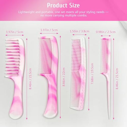 4-Piece Unisex Hair Comb Set: Rat Tail, Wide & Fine Tooth, Dual-Sided Combs for Daily Detangling - Pink