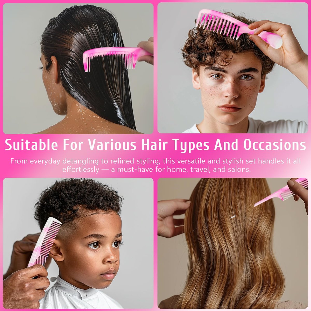 4-Piece Unisex Hair Comb Set: Rat Tail, Wide & Fine Tooth, Dual-Sided Combs for Daily Detangling - Pink - görsel 3