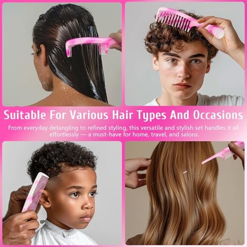 4-Piece Unisex Hair Comb Set: Rat Tail, Wide & Fine Tooth, Dual-Sided Combs for Daily Detangling - Pink - görsel 4