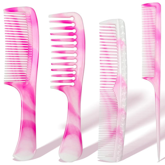 4-Piece Unisex Hair Comb Set: Rat Tail, Wide & Fine Tooth, Dual-Sided Combs for Daily Detangling - Pink