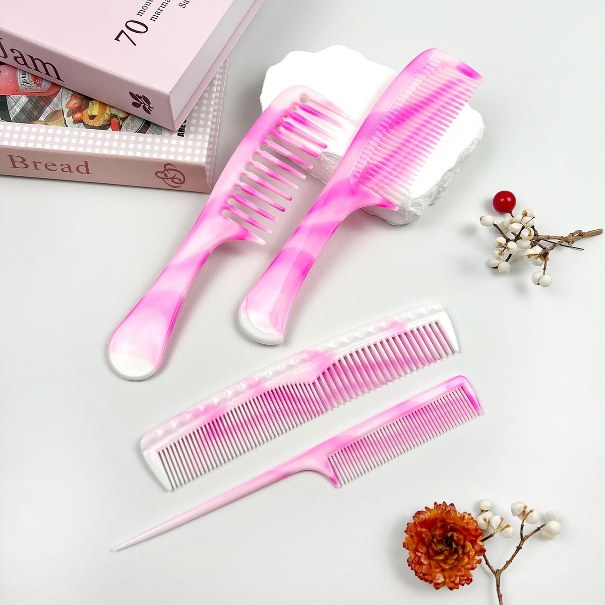 4-Piece Unisex Hair Comb Set: Rat Tail, Wide & Fine Tooth, Dual-Sided Combs for Daily Detangling - Pink - görsel 13
