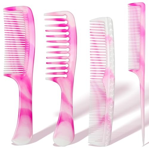 4-Piece Unisex Hair Comb Set: Rat Tail, Wide & Fine Tooth, Dual-Sided Combs for Daily Detangling - Pink - görsel 2