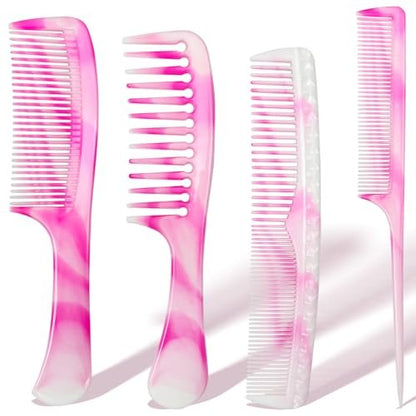 4-Piece Unisex Hair Comb Set: Rat Tail, Wide & Fine Tooth, Dual-Sided Combs for Daily Detangling - Pink