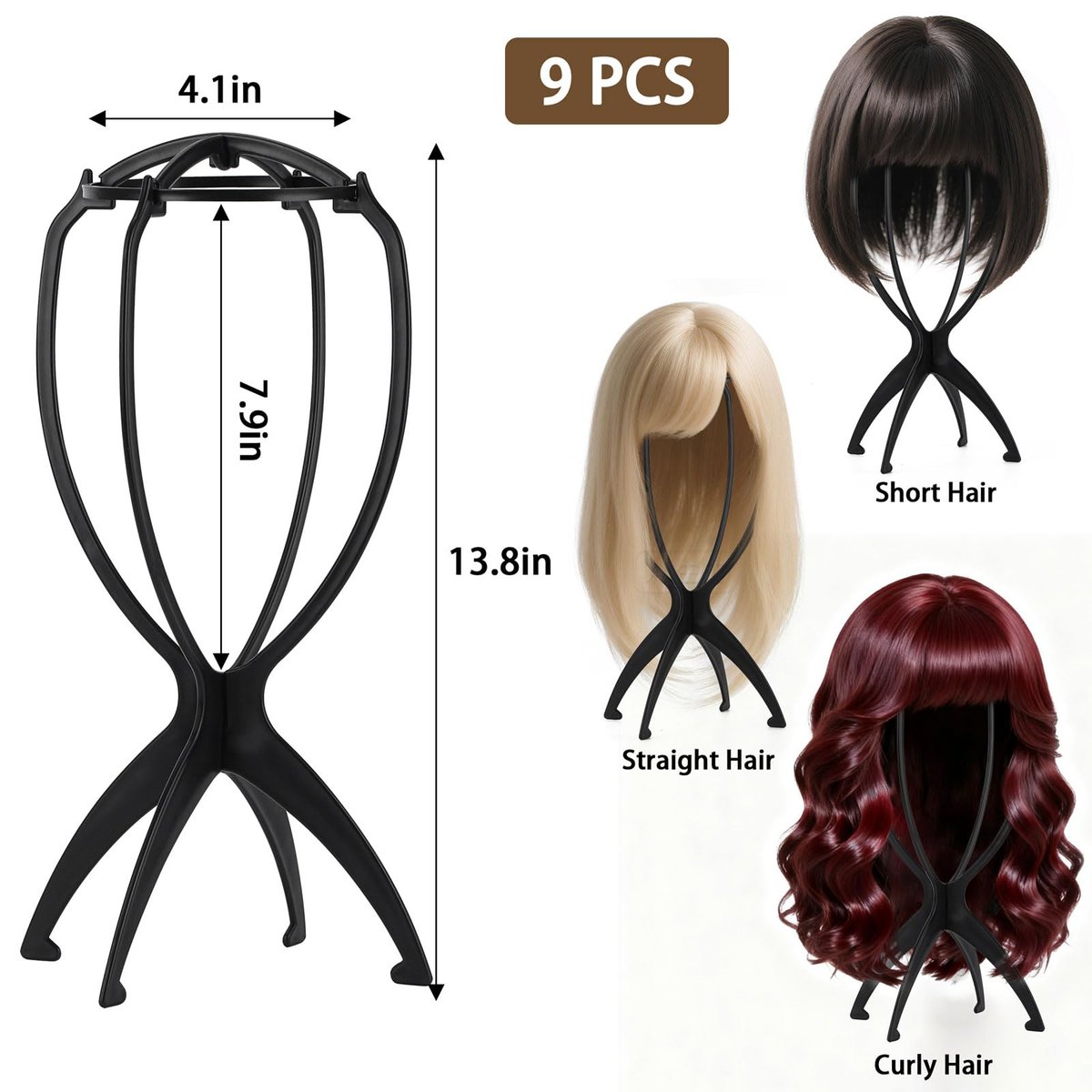 Tecbeauty 9 Pcs Wig Stand, Portable Wig Holder Wig Head Stand for Women Multiple Wigs (Black) - görsel 3