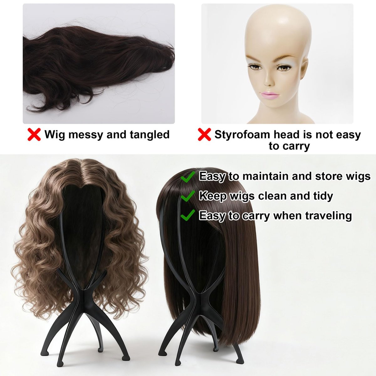 Tecbeauty 9 Pcs Wig Stand, Portable Wig Holder Wig Head Stand for Women Multiple Wigs (Black) - görsel 11