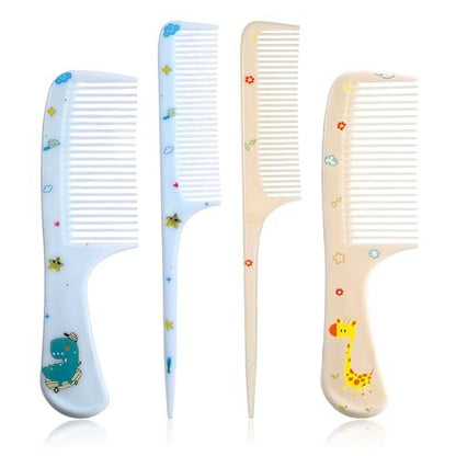 Cute Hair Comb Set for Kids & Adults – 4 Pcs Fine Tooth Rat Tail Comb, Detangling Brush for All Hair Types (Yellow & Blue)