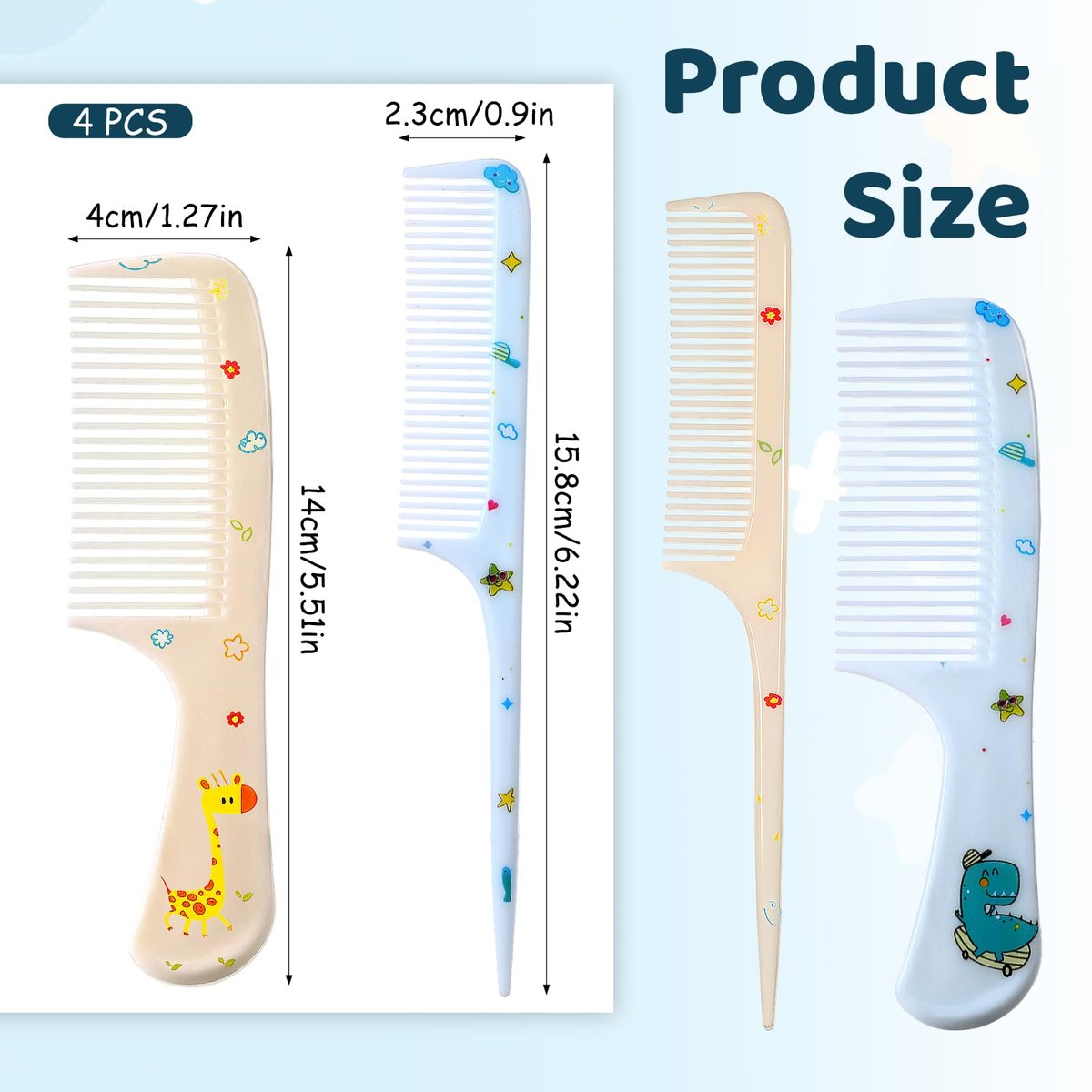 Cute Hair Comb Set for Kids & Adults – 4 Pcs Fine Tooth Rat Tail Comb, Detangling Brush for All Hair Types (Yellow & Blue) - görsel 3