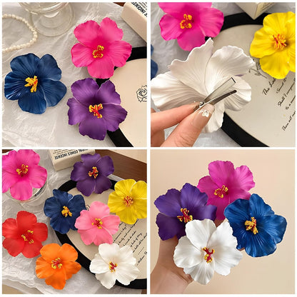 9PCS Different-Colored Flower Hair Clips for Girls and Women, 4" Hibiscus Hawaiian Hair Clips for Summer Vacation, Beach Party Accessories
