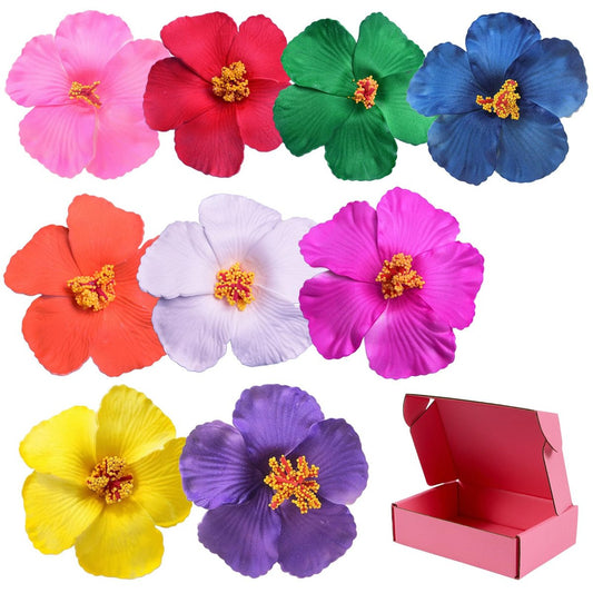 9PCS Different-Colored Flower Hair Clips for Girls and Women, 4" Hibiscus Hawaiian Hair Clips for Summer Vacation, Beach Party Accessories