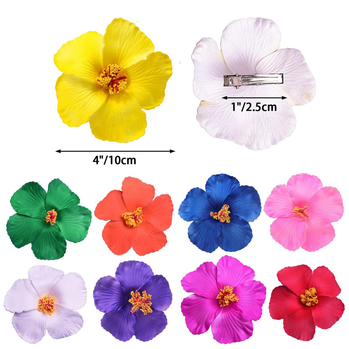 9PCS Different-Colored Flower Hair Clips for Girls and Women, 4" Hibiscus Hawaiian Hair Clips for Summer Vacation, Beach Party Accessories - görsel 3