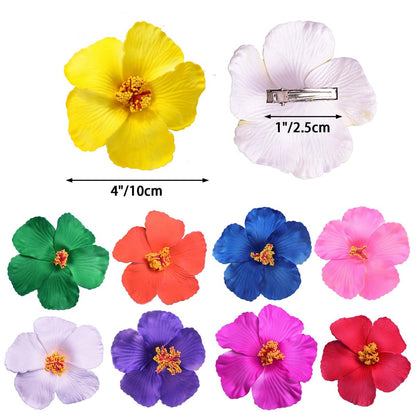 9PCS Different-Colored Flower Hair Clips for Girls and Women, 4" Hibiscus Hawaiian Hair Clips for Summer Vacation, Beach Party Accessories