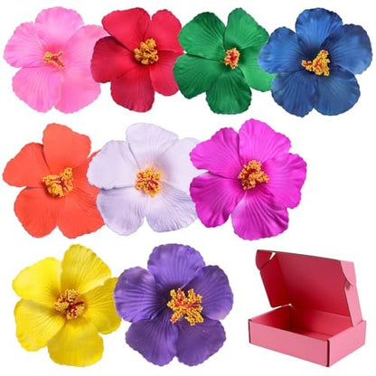 9PCS Different-Colored Flower Hair Clips for Girls and Women, 4" Hibiscus Hawaiian Hair Clips for Summer Vacation, Beach Party Accessories