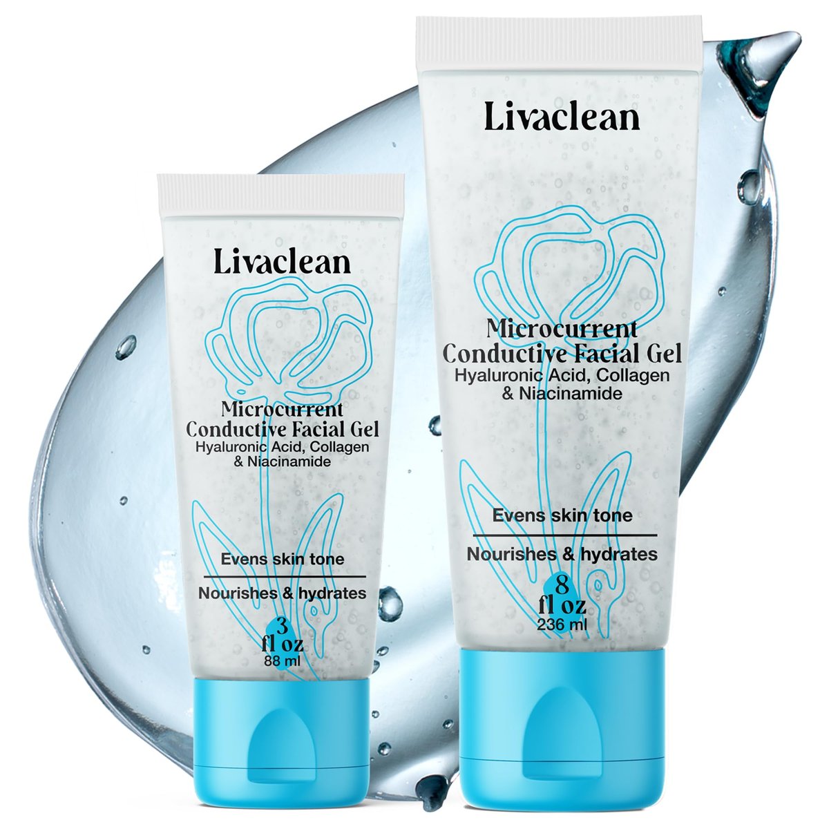 LivaClean 2-Pack Conductive Gel for Microcurrent & RF Facial Devices | 8oz + 3oz with Aloe Vera, Hyaluronic Acid, Blue Tansy & Jojoba Oil | Hydrating Face Moisturizer for All Skin Types Avelisse