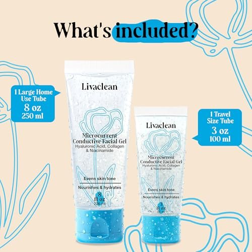 LivaClean 2-Pack Conductive Gel for Microcurrent & RF Facial Devices | 8oz + 3oz with Aloe Vera, Hyaluronic Acid, Blue Tansy & Jojoba Oil | Hydrating Face Moisturizer for All Skin Types Avelisse