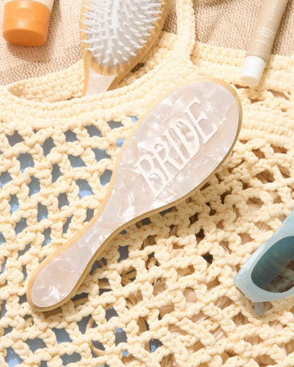 xo, Fetti Bride Hair Brush - Bamboo & Pearlescent Acrylic Wedding Hairbrush for Bachelorette, Bridal Shower, Engagement & Wedding Day Avelisse