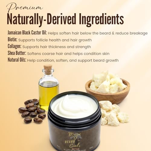 Major Beard Goals Beard Butter for Men - Leave-In Softener for Mustache & Beard Care, Cream Hydrates, Reduces Itchiness - Jamaican Black Castor Oil, Biotin, Collagen, & Shea Butter - 4oz Avelisse