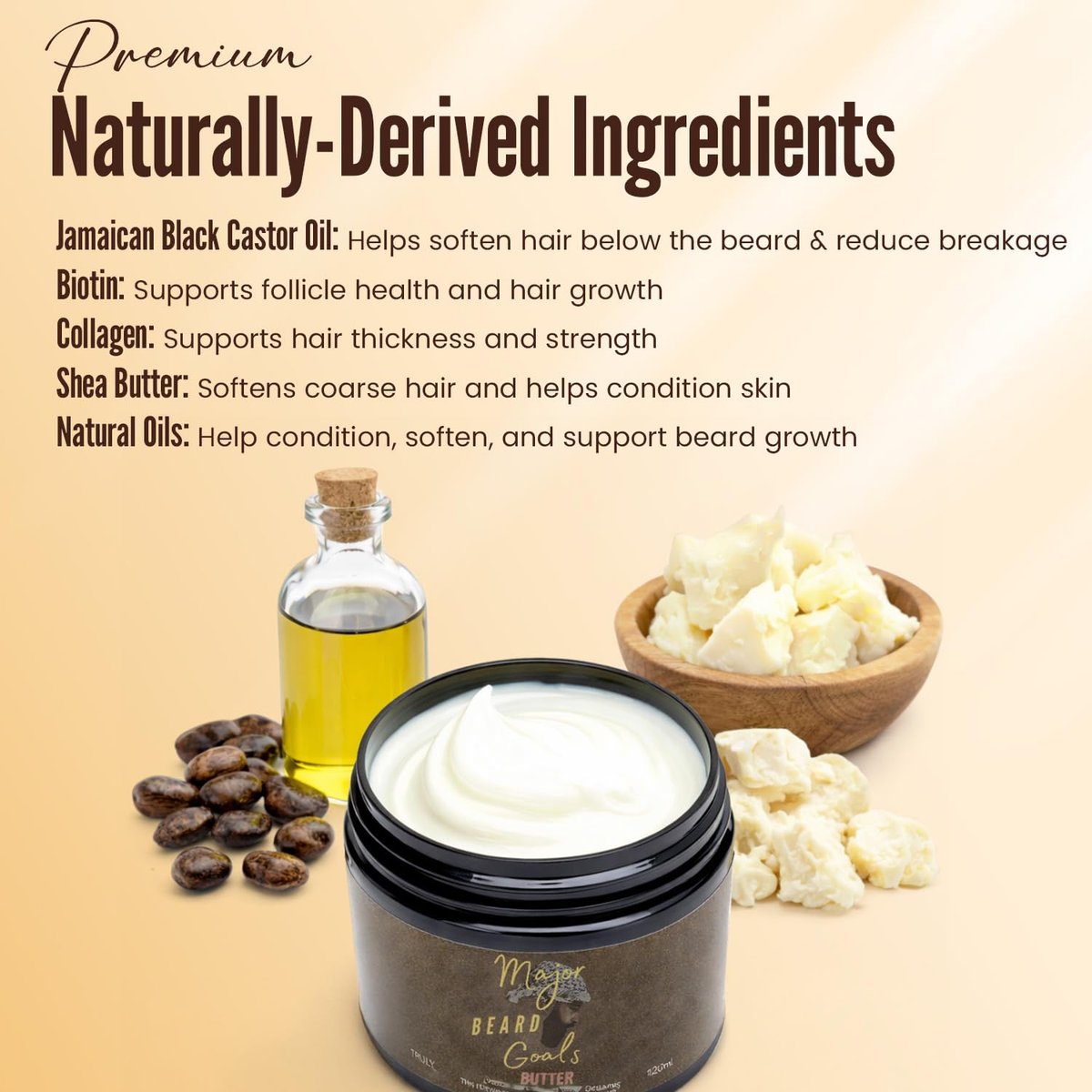 Major Beard Goals Beard Butter for Men - Leave-In Softener for Mustache & Beard Care, Cream Hydrates, Reduces Itchiness - Jamaican Black Castor Oil, Biotin, Collagen, & Shea Butter - 4oz Avelisse