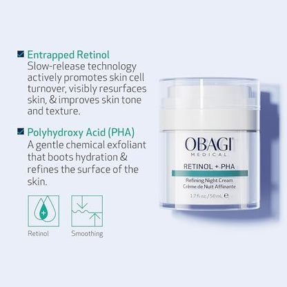 Obagi Medical Retinol + PHA Refining Night Cream – Dual-Action Anti-Aging Face Cream for Smoother, Renewed Skin & Even Complexion, 1.7 Oz Avelisse