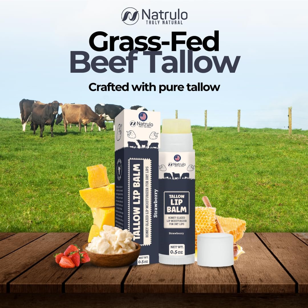 Natrulo Beef Tallow Lip Balm – Natural Tallow Beeswax Chapstick – Hydrating Moisturizer for Chapped Lips, Sensitive Skin – Strawberry Flavored, USA-Made - görsel 3