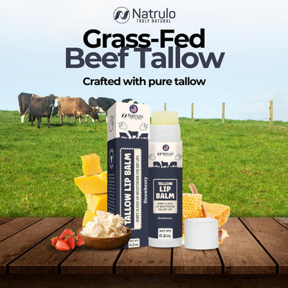 Natrulo Beef Tallow Lip Balm – Natural Tallow Beeswax Chapstick – Hydrating Moisturizer for Chapped Lips, Sensitive Skin – Strawberry Flavored, USA-Made