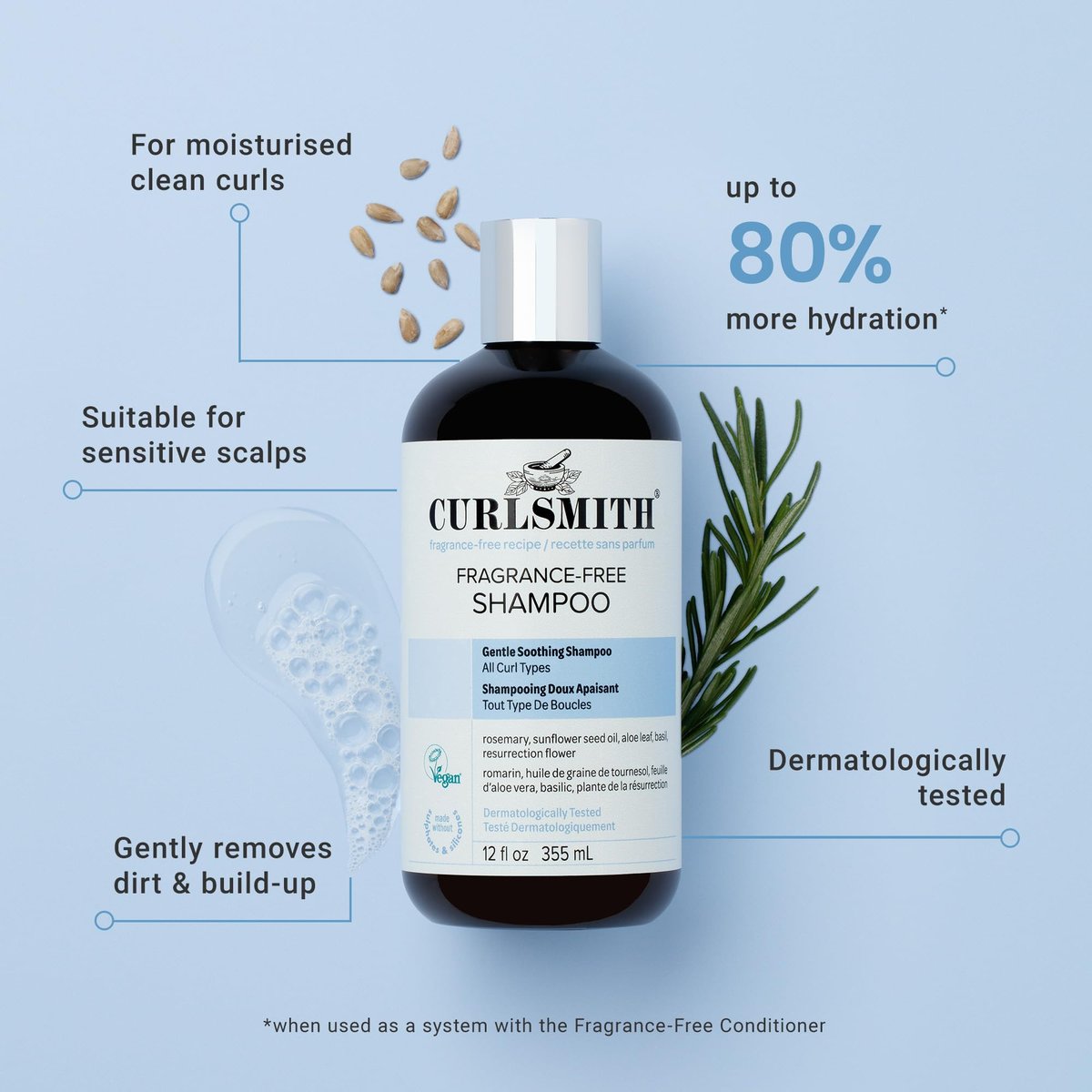 CURLSMITH Fragrance-Free Shampoo - Gently Cleanses Hair, Leaves Curls Feeling Silky and Moisturized (12 oz) Avelisse