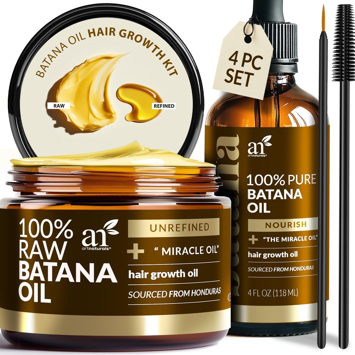 Batana Oil for Hair Growth – 4-Piece Set: Raw Batana Oil 4oz + 4.2oz Paste, Lash Wand & Brow Brush – Organic Dr. Sebi Inspired Products from Honduras – 100% Unrefined Miracle for Scalp, Edges & Eyebrows - görsel 2