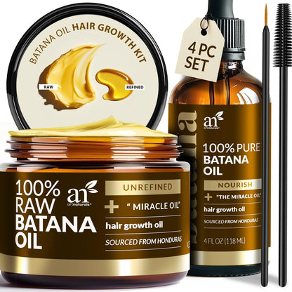 Batana Oil for Hair Growth – 4-Piece Set: Raw Batana Oil 4oz + 4.2oz Paste, Lash Wand & Brow Brush – Organic Dr. Sebi Inspired Products from Honduras – 100% Unrefined Miracle for Scalp, Edges & Eyebrows