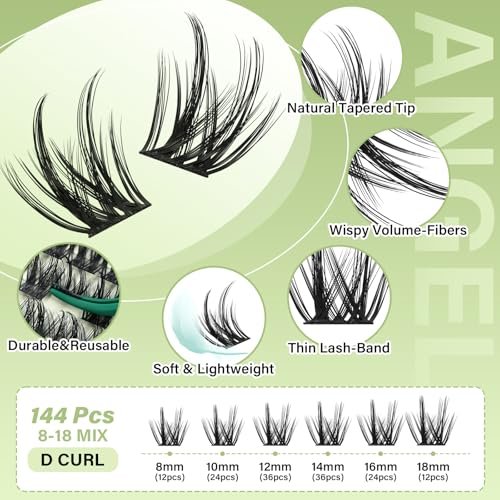 KEYYOU LASH 144Pcs D Curl Angel Eyelash Extension Clusters - Thick Wispy Natural Band Lash for DIY Home Use (Angel A02-D-8-18MIX) - görsel 4