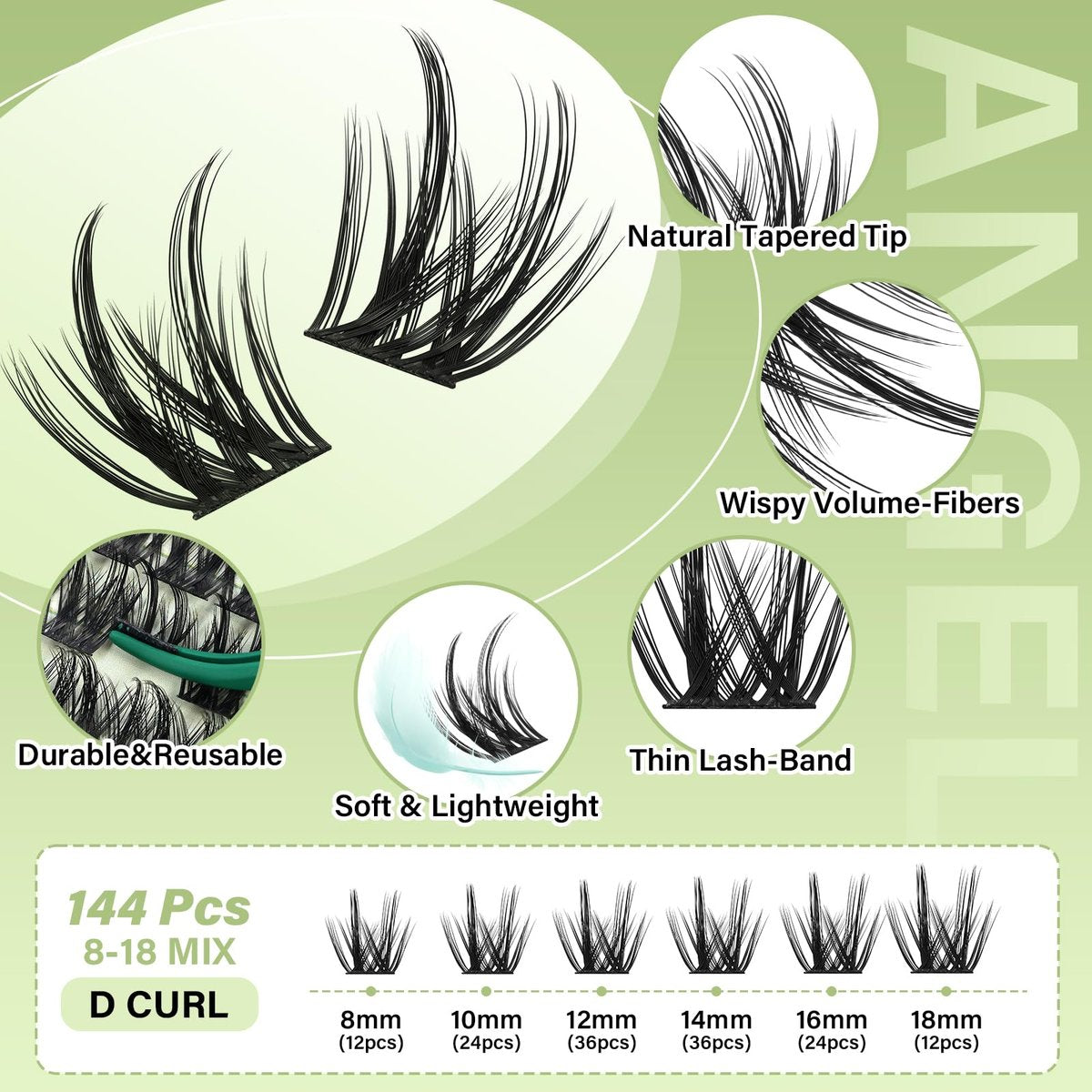 KEYYOU LASH 144Pcs D Curl Angel Eyelash Extension Clusters - Thick Wispy Natural Band Lash for DIY Home Use (Angel A02-D-8-18MIX) - görsel 3