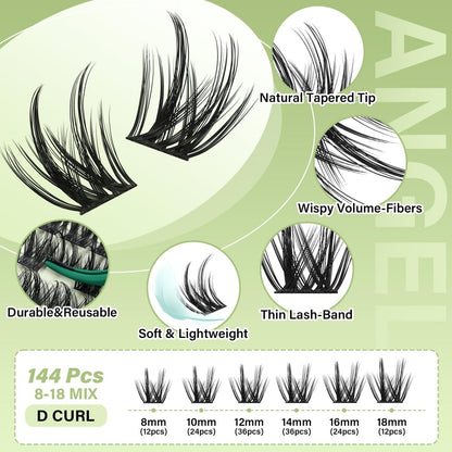 KEYYOU LASH 144Pcs D Curl Angel Eyelash Extension Clusters - Thick Wispy Natural Band Lash for DIY Home Use (Angel A02-D-8-18MIX)