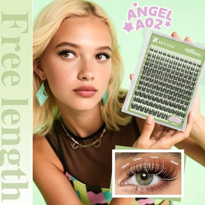 KEYYOU LASH 144Pcs D Curl Angel Eyelash Extension Clusters - Thick Wispy Natural Band Lash for DIY Home Use (Angel A02-D-8-18MIX)