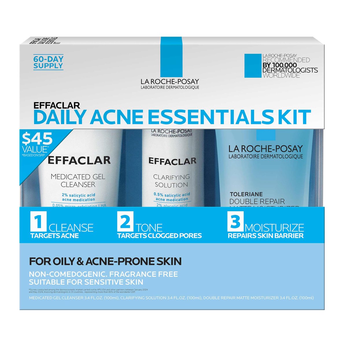 Effaclar Daily Acne Essentials Kit – Salicylic Acid Acne Cleanser, Pore Refining Toner & Matte Face Moisturizer for Oily & Combination Skin, Oil-Free, 2-Month Supply Avelisse