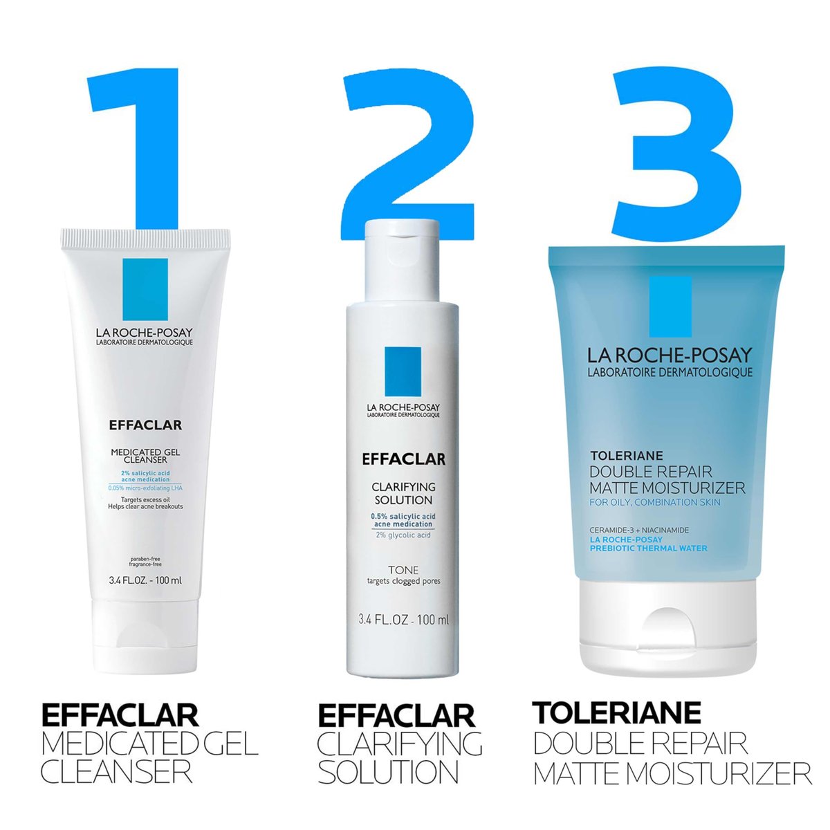 Effaclar Daily Acne Essentials Kit – Salicylic Acid Acne Cleanser, Pore Refining Toner & Matte Face Moisturizer for Oily & Combination Skin, Oil-Free, 2-Month Supply Avelisse