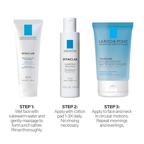 Effaclar Daily Acne Essentials Kit – Salicylic Acid Acne Cleanser, Pore Refining Toner & Matte Face Moisturizer for Oily & Combination Skin, Oil-Free, 2-Month Supply Avelisse