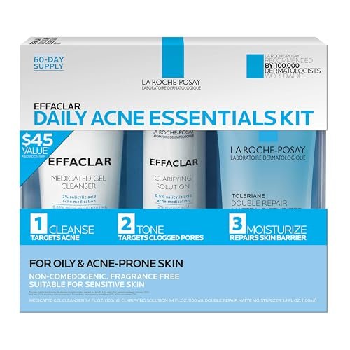 Effaclar Daily Acne Essentials Kit – Salicylic Acid Acne Cleanser, Pore Refining Toner & Matte Face Moisturizer for Oily & Combination Skin, Oil-Free, 2-Month Supply Avelisse