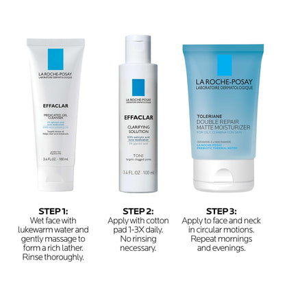 Effaclar Daily Acne Essentials Kit – Salicylic Acid Acne Cleanser, Pore Refining Toner & Matte Face Moisturizer for Oily & Combination Skin, Oil-Free, 2-Month Supply Avelisse