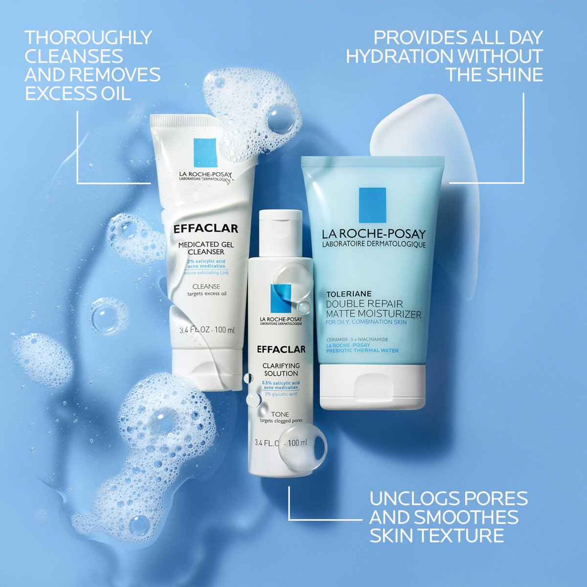 Effaclar Daily Acne Essentials Kit – Salicylic Acid Acne Cleanser, Pore Refining Toner & Matte Face Moisturizer for Oily & Combination Skin, Oil-Free, 2-Month Supply Avelisse