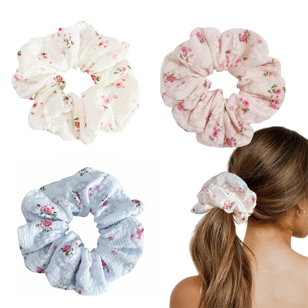 3 Pieces Floral Lace Scrunchies for Women - Blossom Hair Ties, Ponytail Holders, Hair Accessories Gift Set - görsel 1