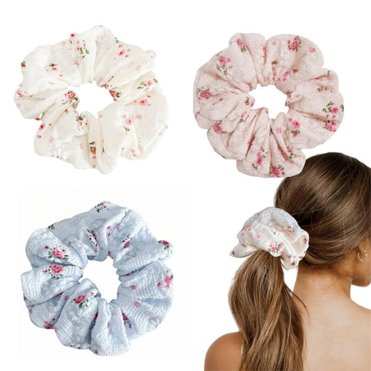 3 Pieces Floral Lace Scrunchies for Women - Blossom Hair Ties, Ponytail Holders, Hair Accessories Gift Set