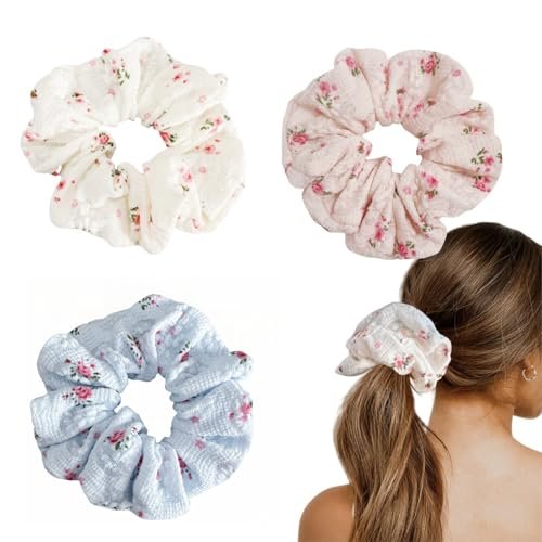 3 Pieces Floral Lace Scrunchies for Women - Blossom Hair Ties, Ponytail Holders, Hair Accessories Gift Set - görsel 2