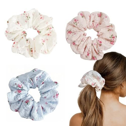 3 Pieces Floral Lace Scrunchies for Women - Blossom Hair Ties, Ponytail Holders, Hair Accessories Gift Set