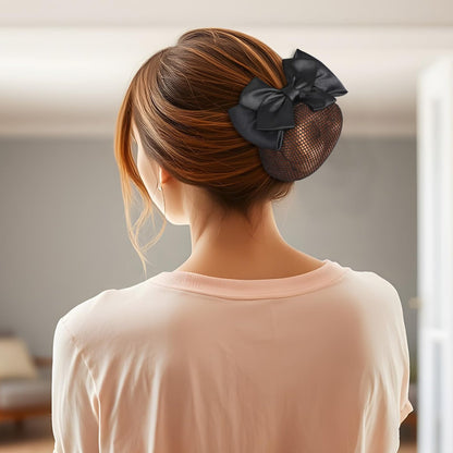 2 Pieces Hair Snood Net - Women's Bun Cover Hairnet with Satin Bow Barrette French Clips Ribbon Flower Hair Accessories for Stewardess Banks Hotels Restaurant Staff (Black) Avelisse