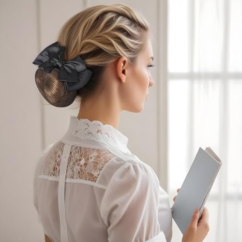 2 Pieces Hair Snood Net - Women's Bun Cover Hairnet with Satin Bow Barrette French Clips Ribbon Flower Hair Accessories for Stewardess Banks Hotels Restaurant Staff (Black) Avelisse