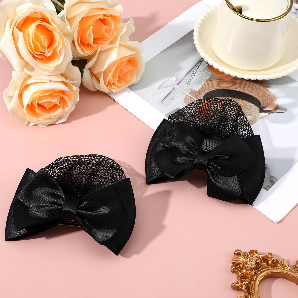 2 Pieces Hair Snood Net - Women's Bun Cover Hairnet with Satin Bow Barrette French Clips Ribbon Flower Hair Accessories for Stewardess Banks Hotels Restaurant Staff (Black) Avelisse