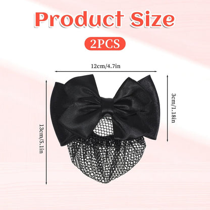 2 Pieces Hair Snood Net - Women's Bun Cover Hairnet with Satin Bow Barrette French Clips Ribbon Flower Hair Accessories for Stewardess Banks Hotels Restaurant Staff (Black) Avelisse