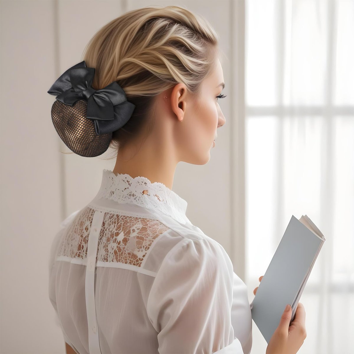 2 Pieces Hair Snood Net - Women's Bun Cover Hairnet with Satin Bow Barrette French Clips Ribbon Flower Hair Accessories for Stewardess Banks Hotels Restaurant Staff (Black) Avelisse