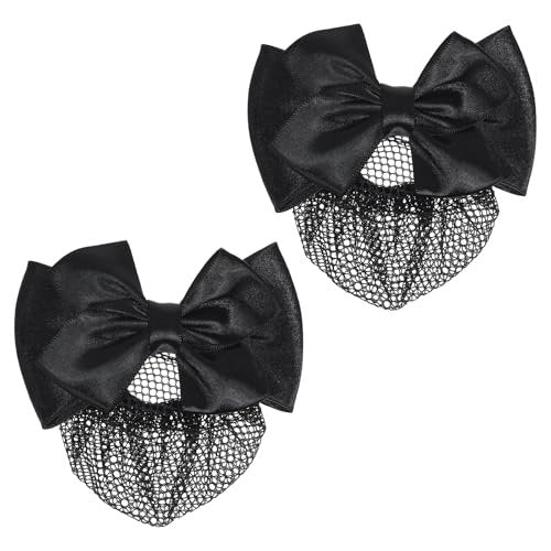 2 Pieces Hair Snood Net - Women's Bun Cover Hairnet with Satin Bow Barrette French Clips Ribbon Flower Hair Accessories for Stewardess Banks Hotels Restaurant Staff (Black) Avelisse