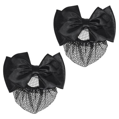 2 Pieces Hair Snood Net - Women's Bun Cover Hairnet with Satin Bow Barrette French Clips Ribbon Flower Hair Accessories for Stewardess Banks Hotels Restaurant Staff (Black) Avelisse